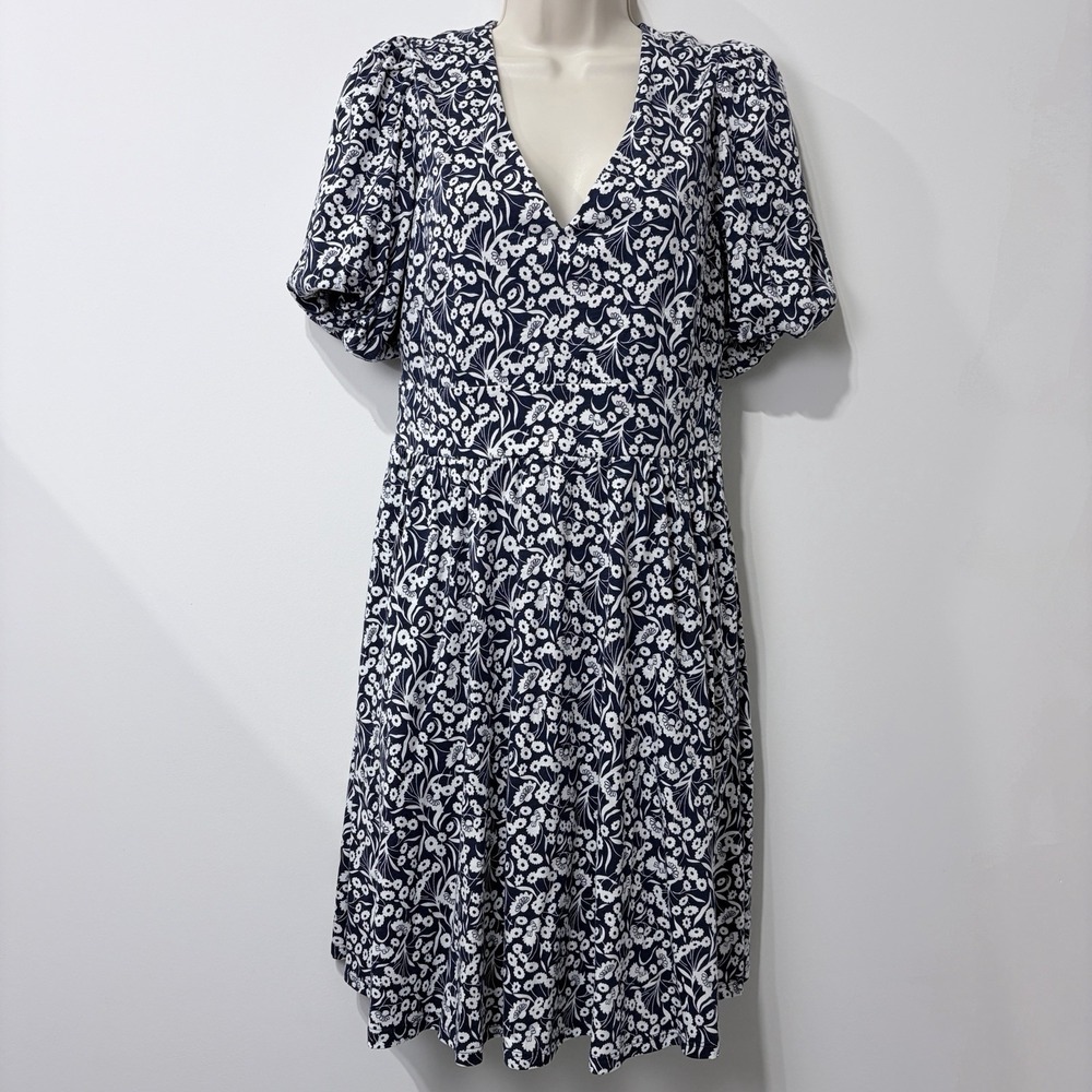 BODEN Floret Bud Keyhole Back Jersey Dress Navy White Sz 6R Twee Puff Sleeve NEW